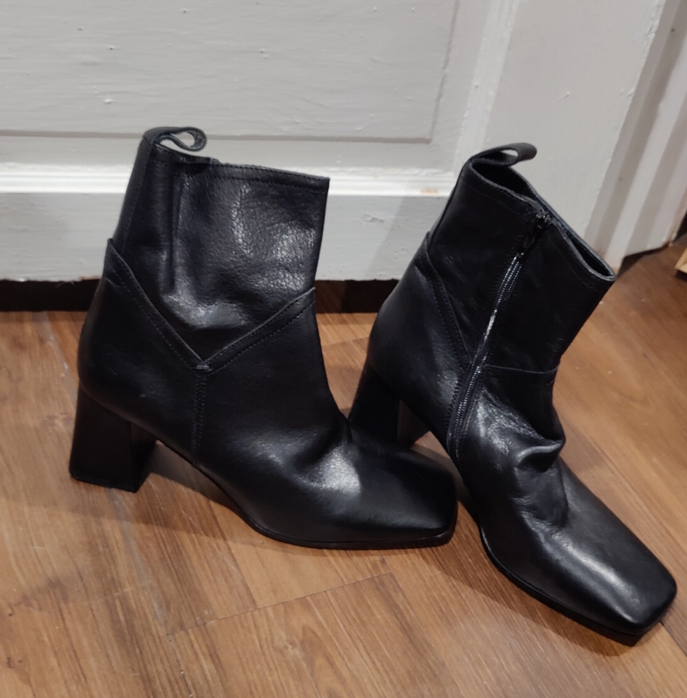 Square Toe Black Leather Ankle Boots